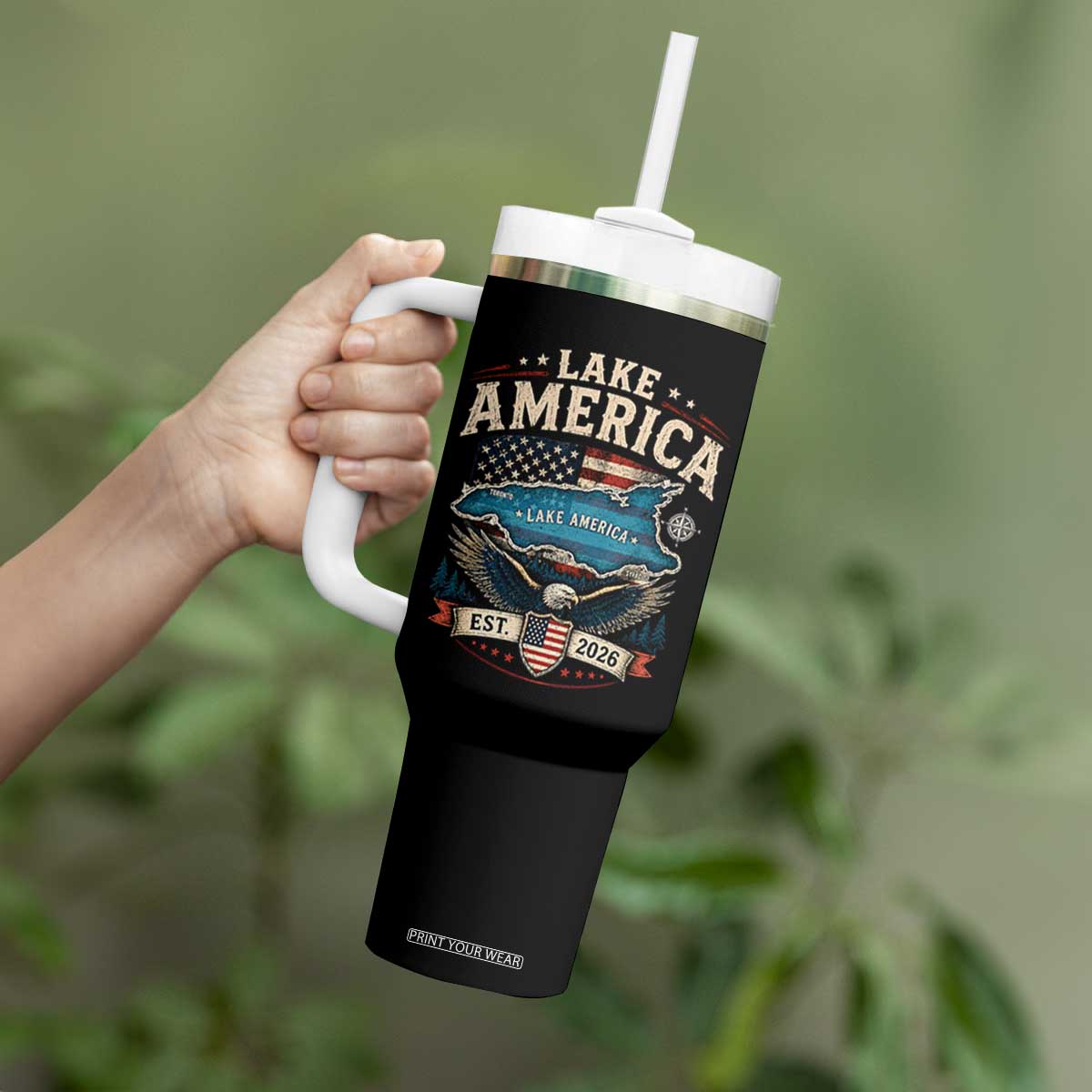 Lake America Est 2026 American Flag Eagle Tumbler With Handle Map Great Lakes Pride