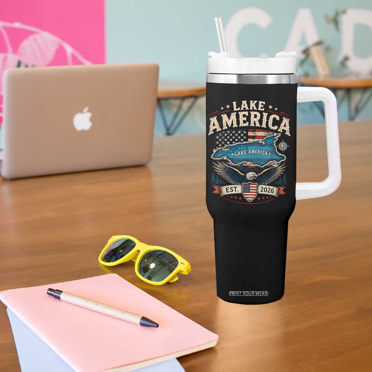 Lake America Est 2026 American Flag Eagle Tumbler With Handle Map Great Lakes Pride