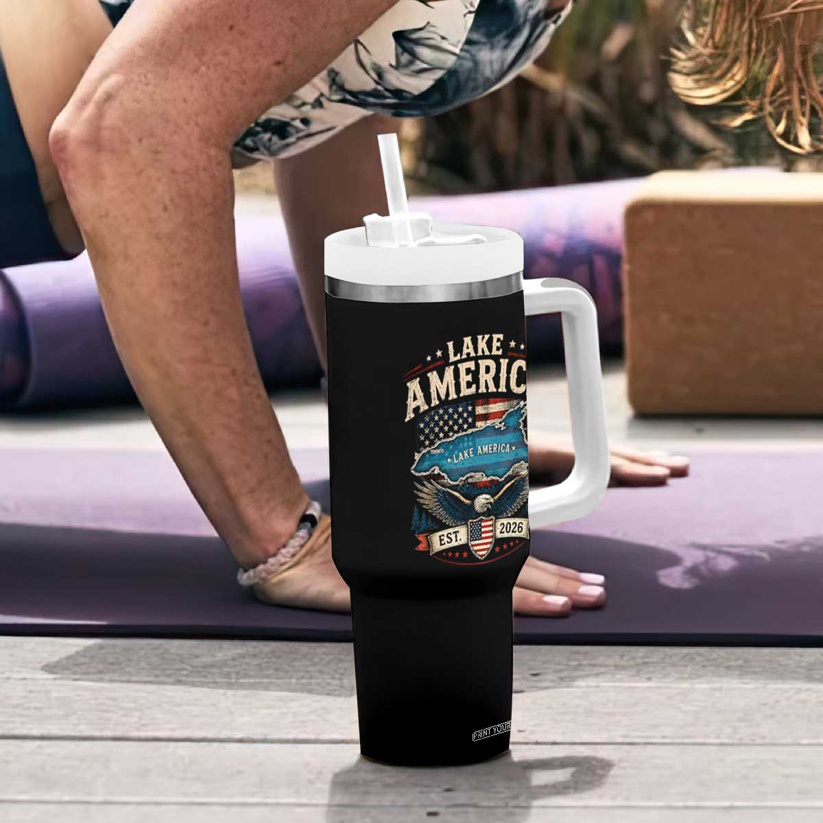 Lake America Est 2026 American Flag Eagle Tumbler With Handle Map Great Lakes Pride