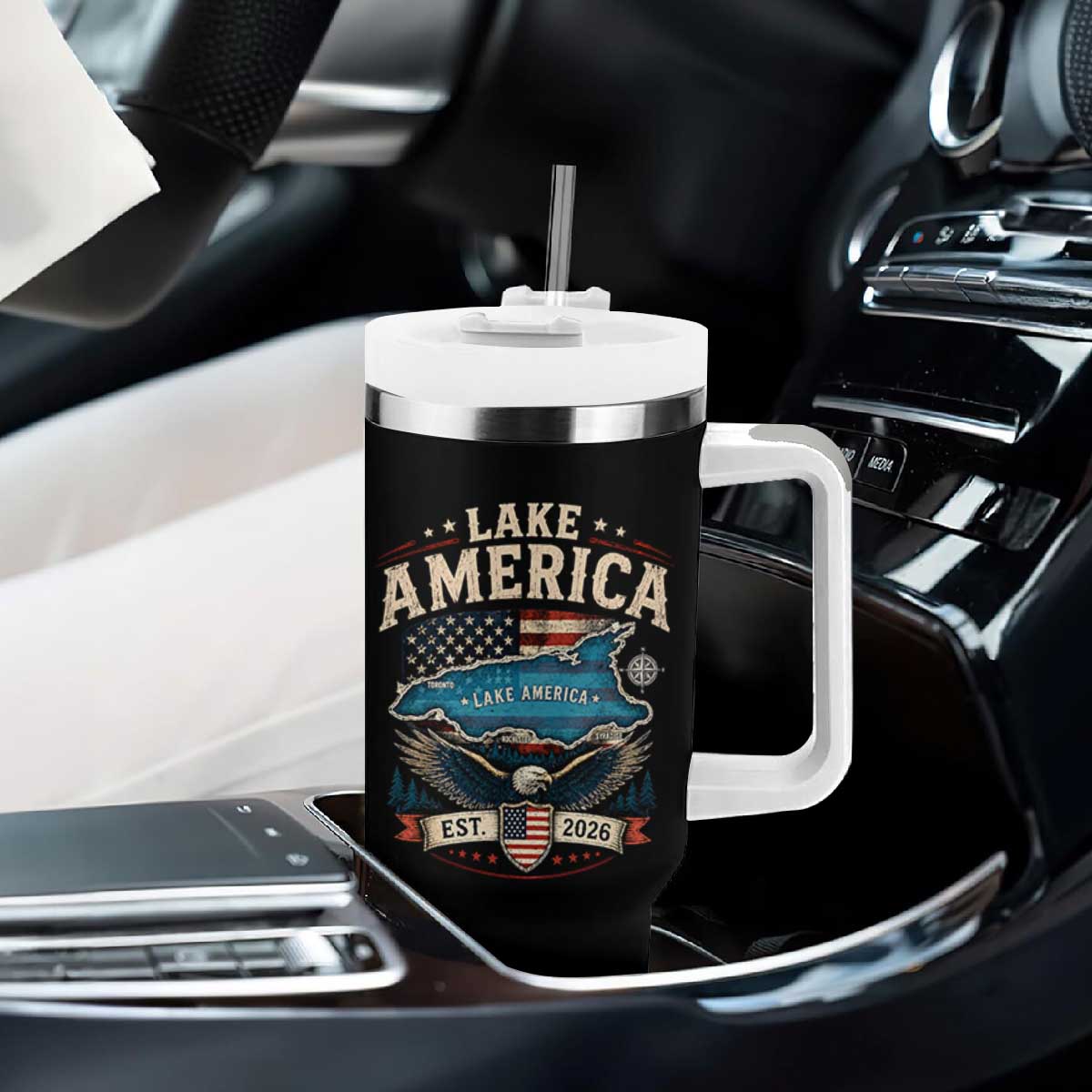 Lake America Est 2026 American Flag Eagle Tumbler With Handle Map Great Lakes Pride