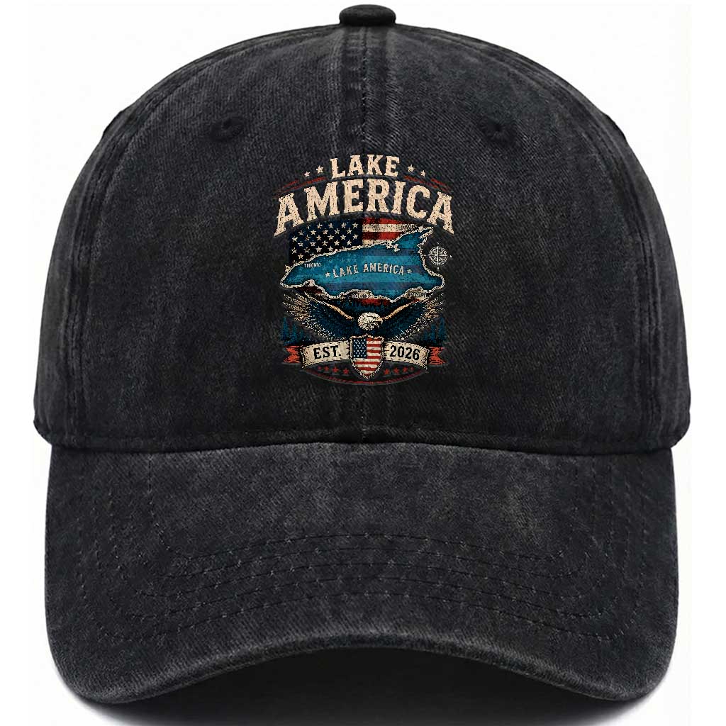 Lake America Est 2026 American Flag Eagle Washed Cotton Baseball Cap Map Great Lakes Pride
