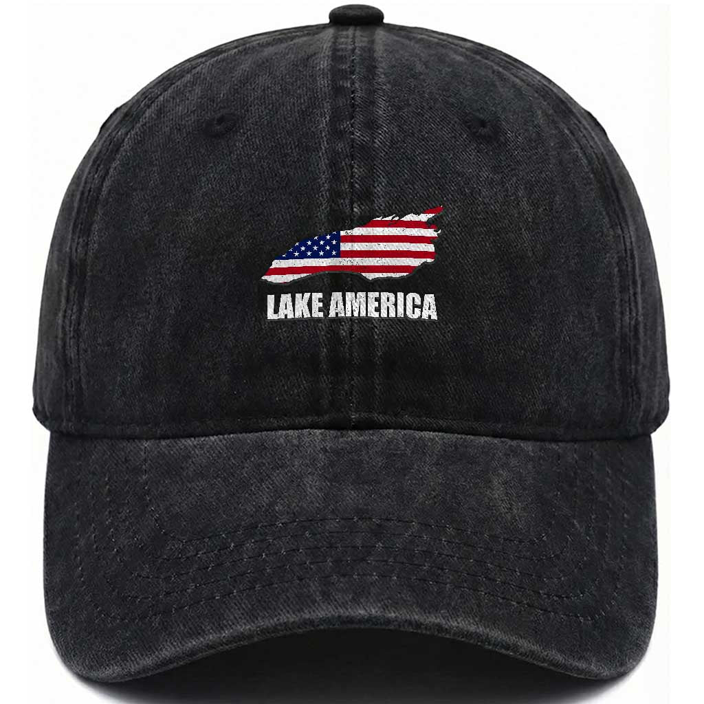 Lake America American Flag Lake Map Washed Cotton Baseball Cap Patriotic Great Lakes