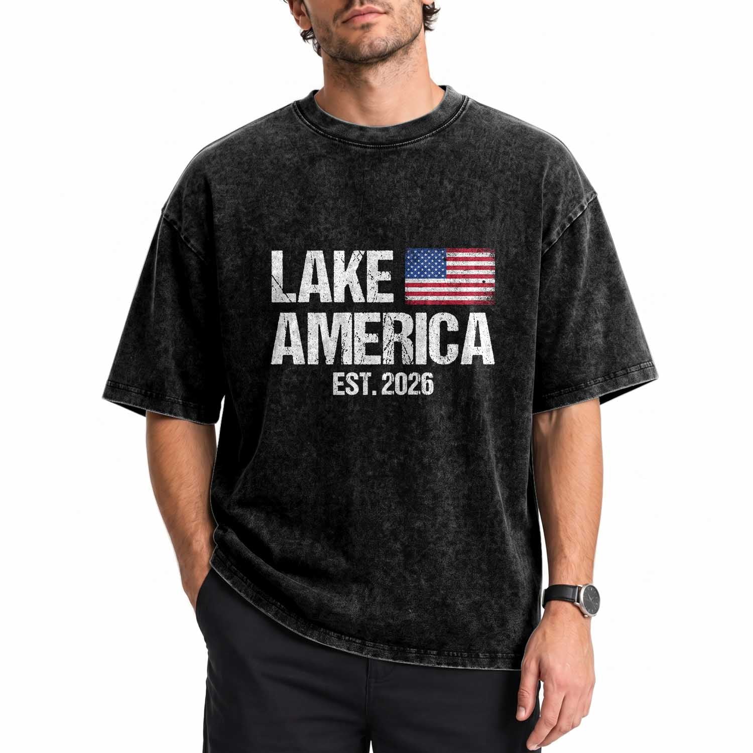 Lake America Est 2026 Vintage Washed Cotton T-Shirt American Flag Great Lakes