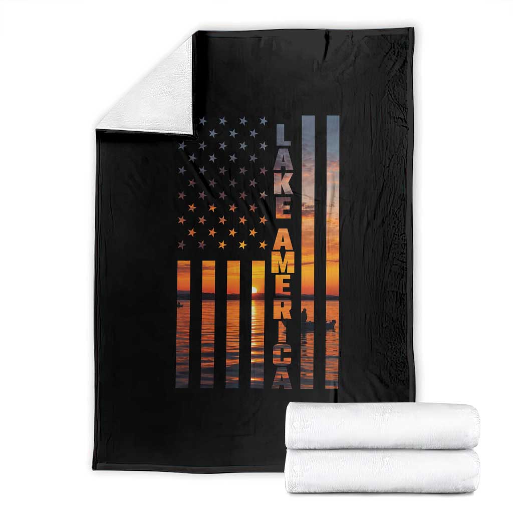 Lake America Patriotic American Flag Sunset Graphic Throw Blanket Scenic Lake Life Fishing Boat