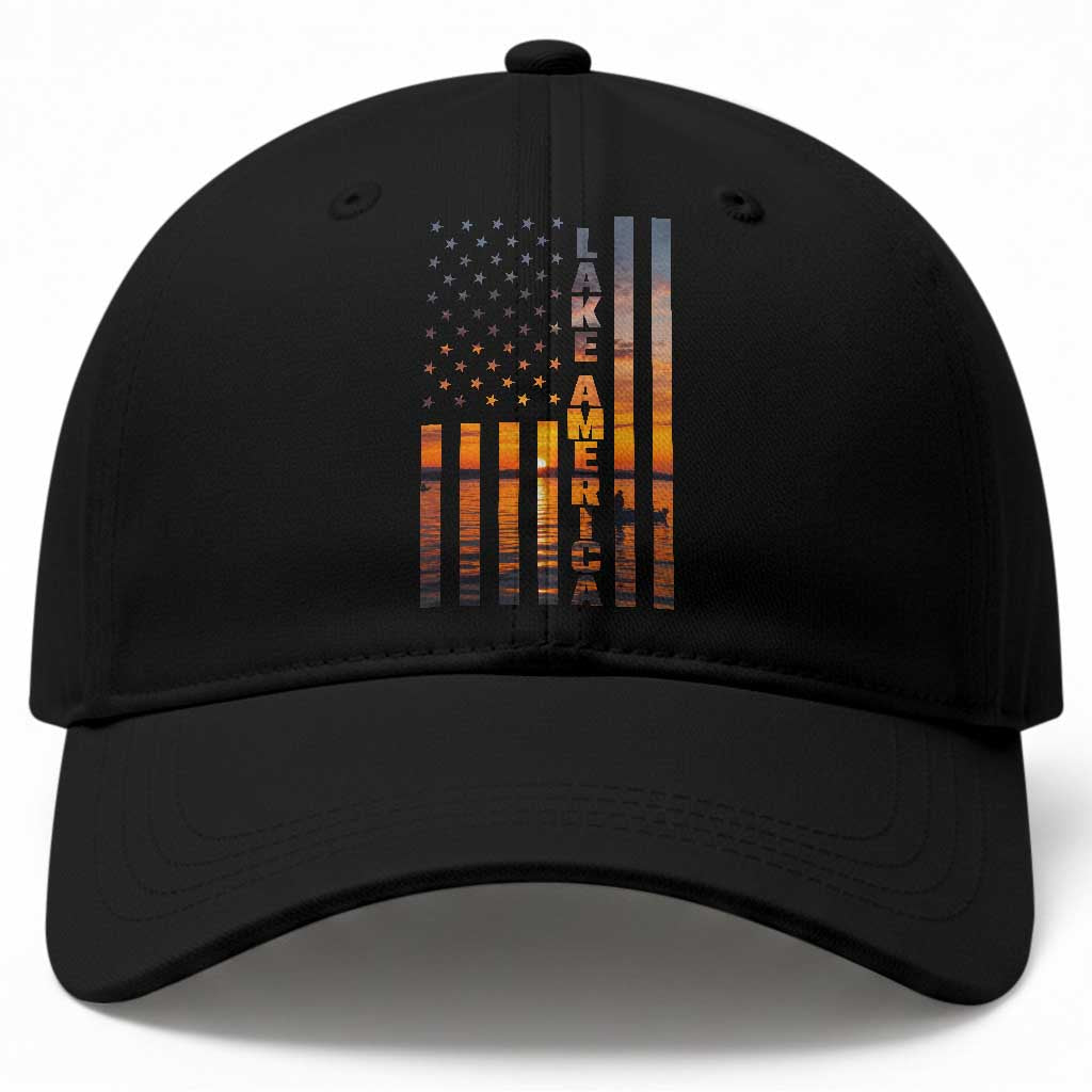 Lake America Patriotic American Flag Sunset Graphic Baseball Cap Scenic Lake Life Fishing Boat