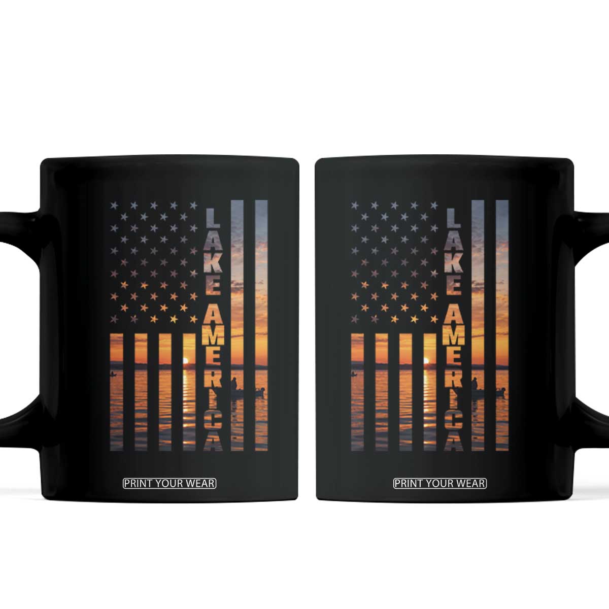 Lake America Patriotic American Flag Sunset Graphic Coffee Mug Scenic Lake Life Fishing Boat