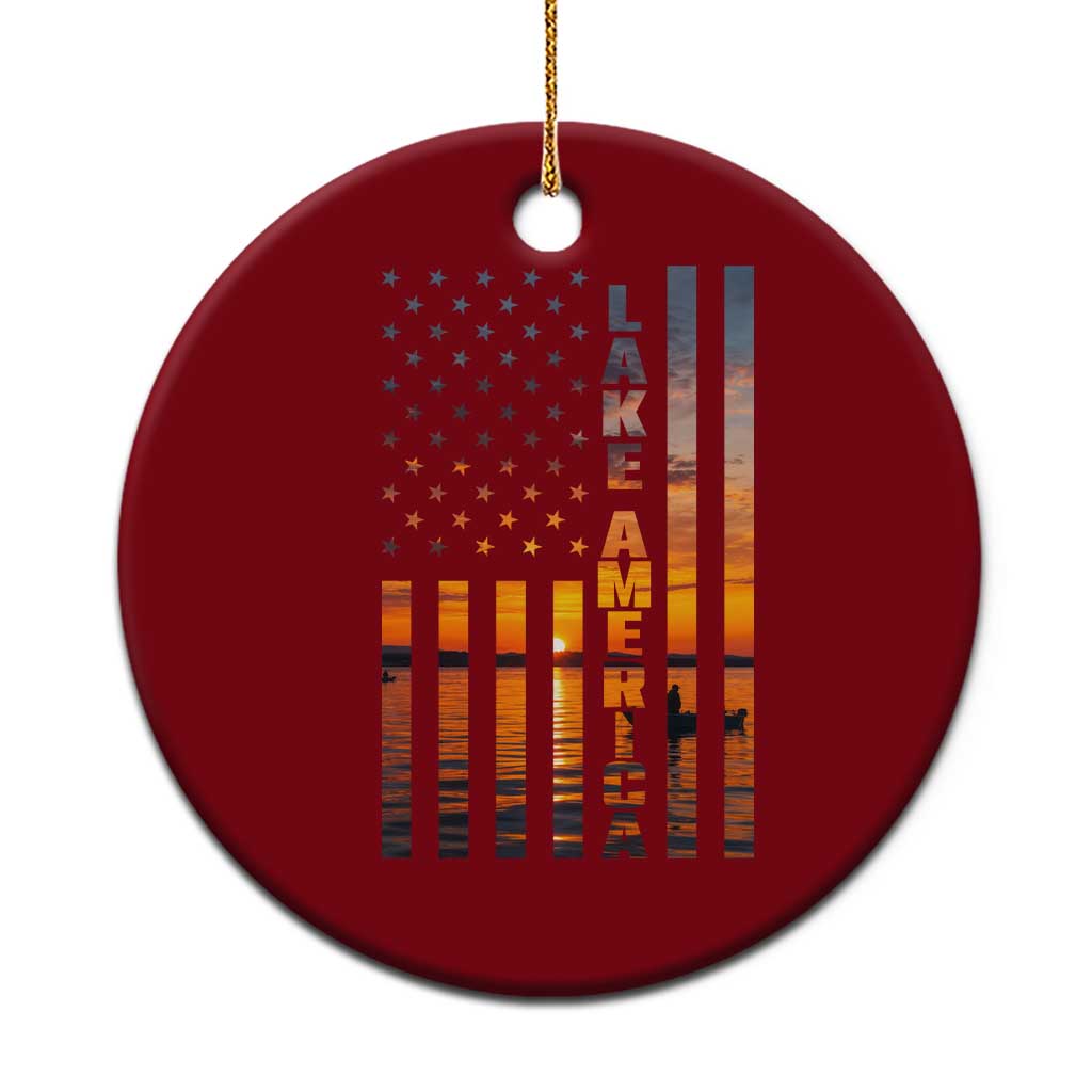 Lake America Patriotic American Flag Sunset Graphic Ceramic Ornament Scenic Lake Life Fishing Boat