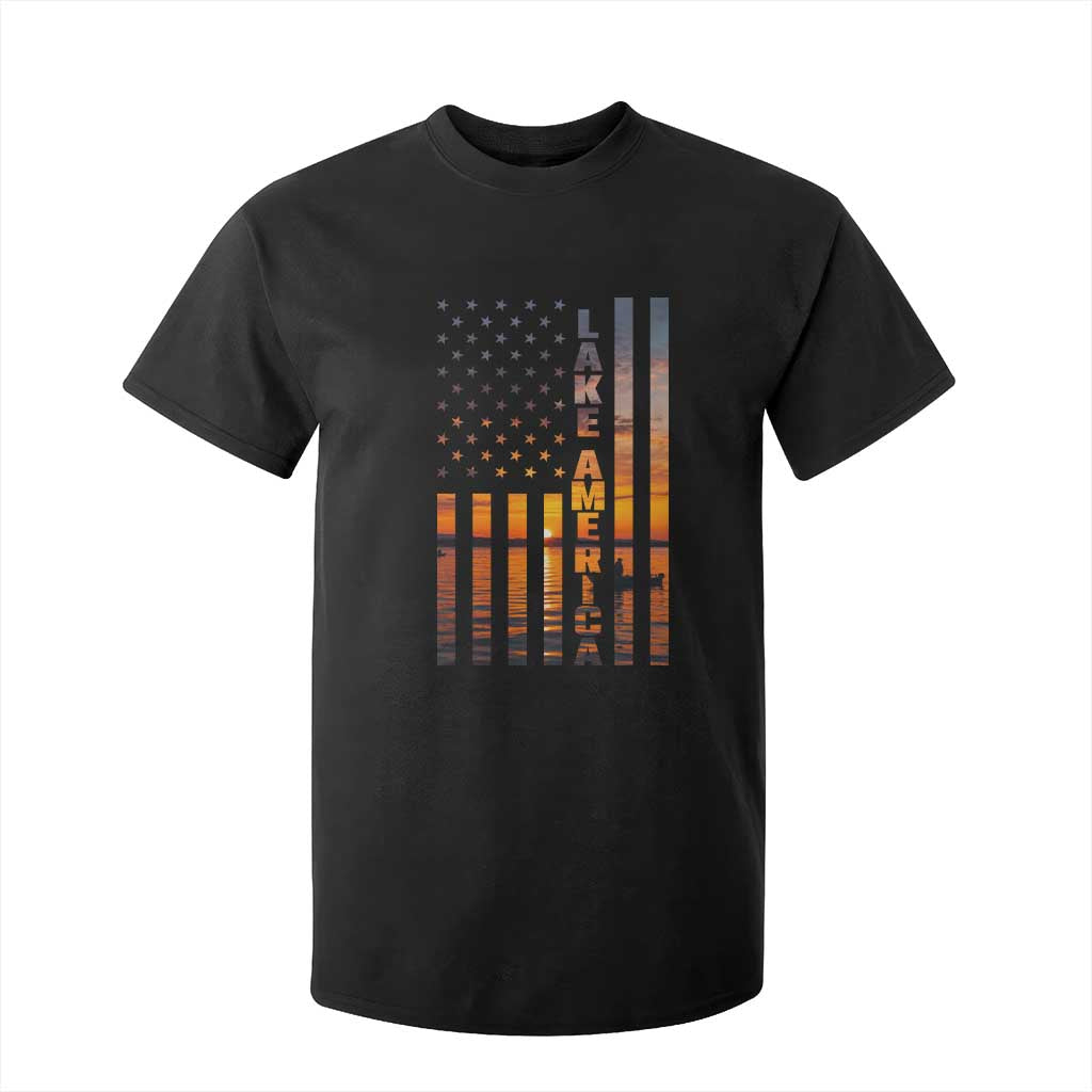 Lake America Patriotic American Flag Sunset Graphic T Shirt For Kid Scenic Lake Life Fishing Boat
