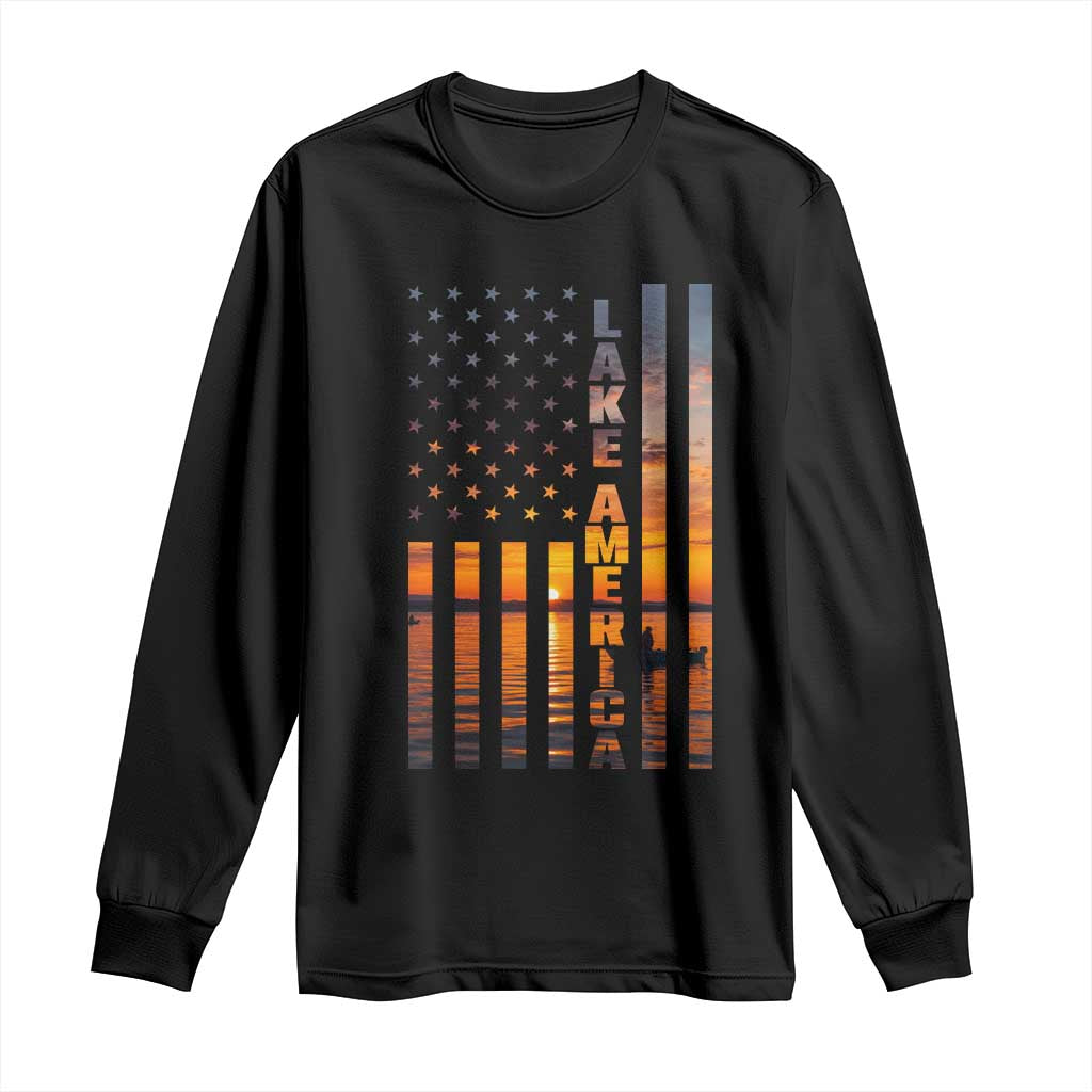 Lake America Patriotic American Flag Sunset Graphic Long Sleeve Shirt Scenic Lake Life Fishing Boat