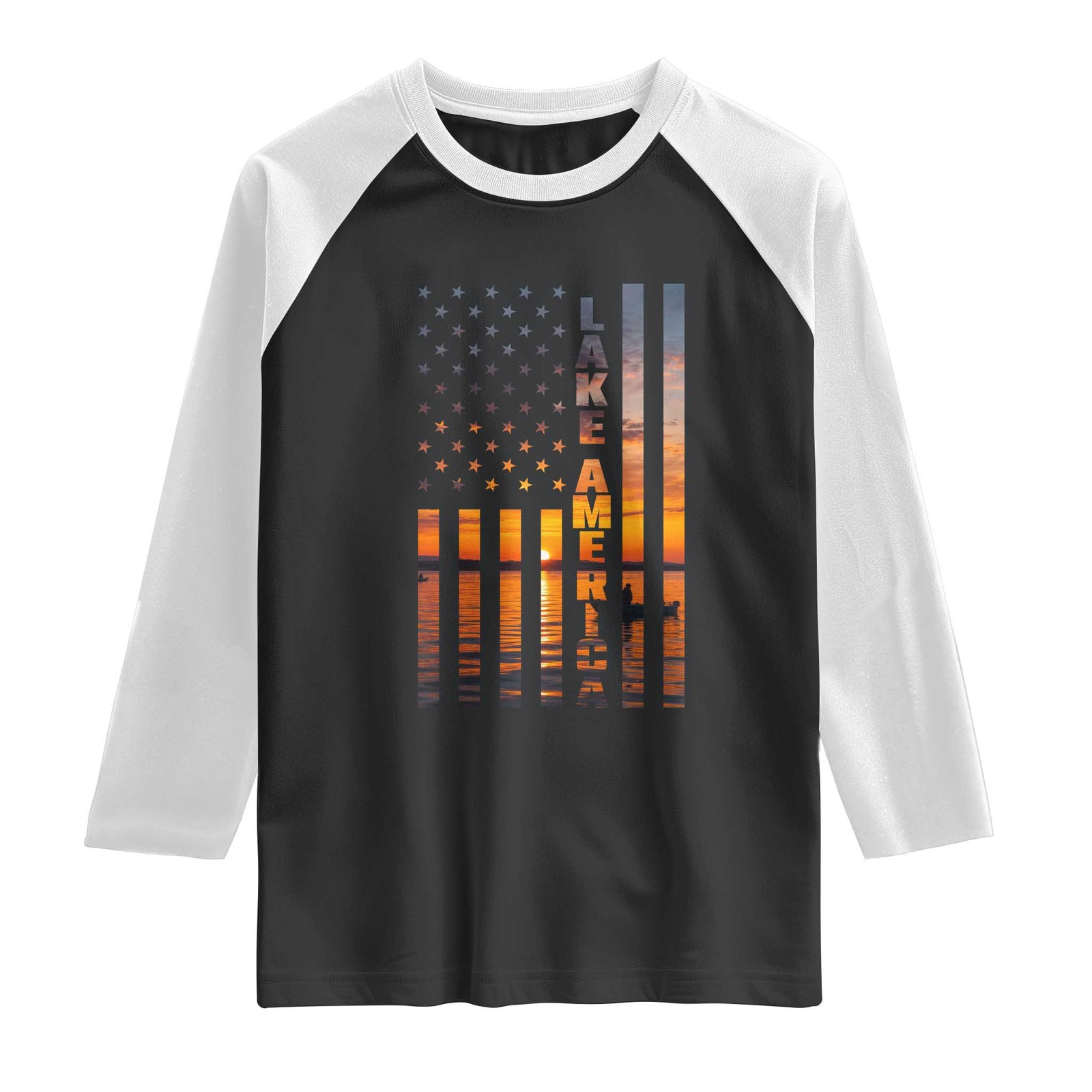 Lake America Patriotic American Flag Sunset Graphic Raglan Shirt Scenic Lake Life Fishing Boat