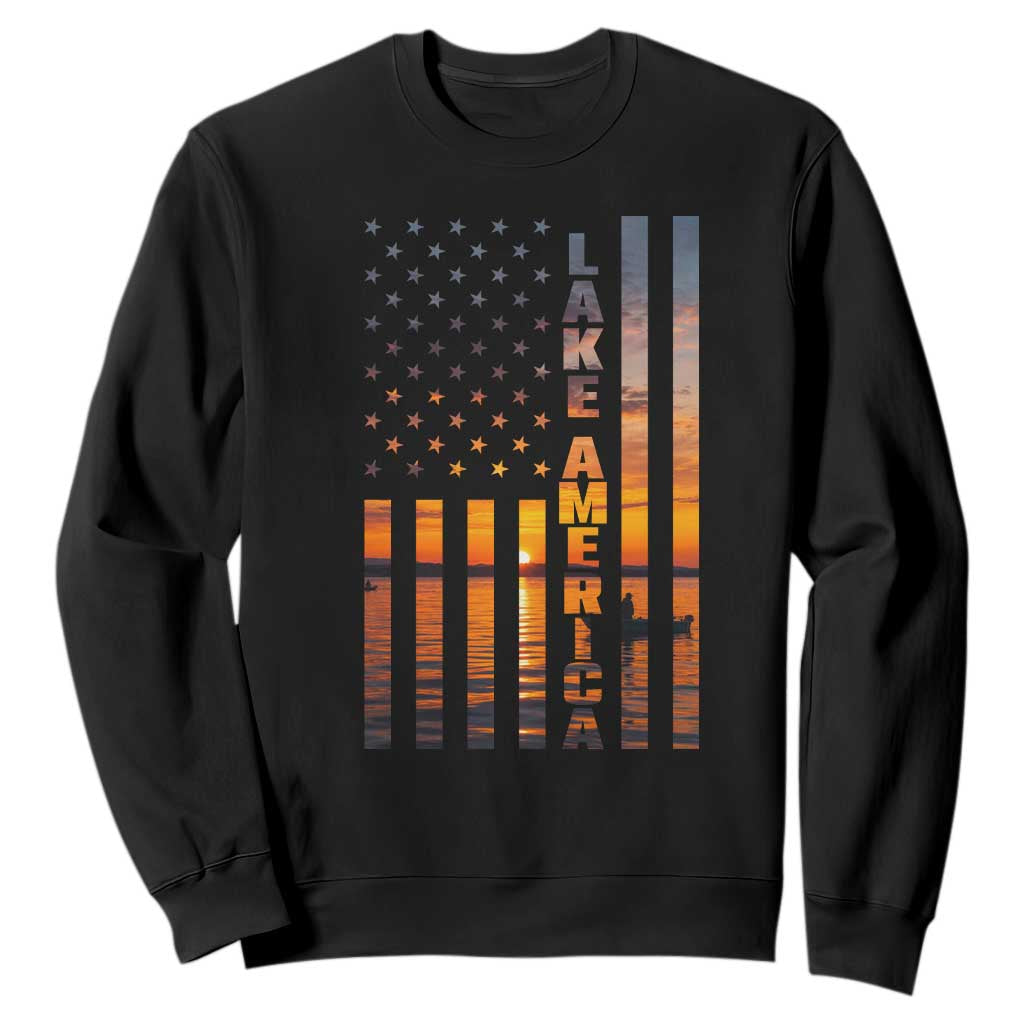 Lake America Patriotic American Flag Sunset Graphic Sweatshirt Scenic Lake Life Fishing Boat