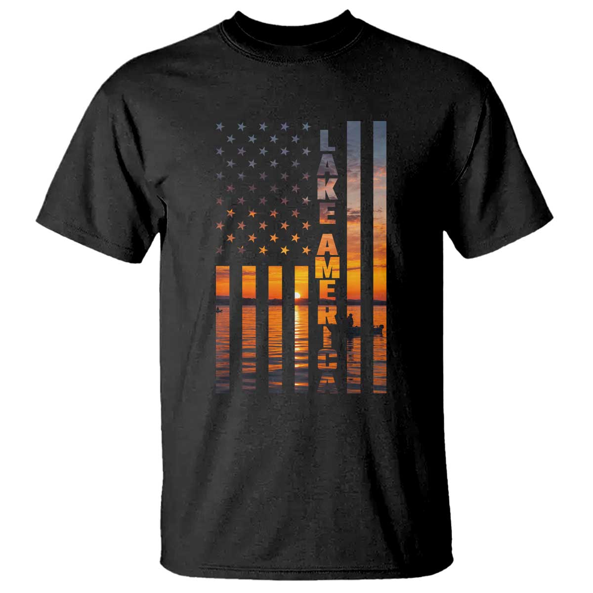 Lake America Patriotic American Flag Sunset Graphic T Shirt Scenic Lake Life Fishing Boat