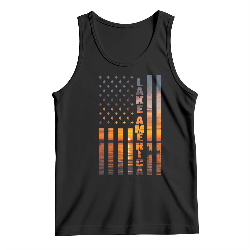 Lake America Patriotic American Flag Sunset Graphic Tank Top Scenic Lake Life Fishing Boat