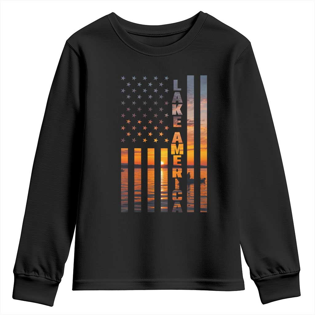 Lake America Patriotic American Flag Sunset Graphic Youth Sweatshirt Scenic Lake Life Fishing Boat