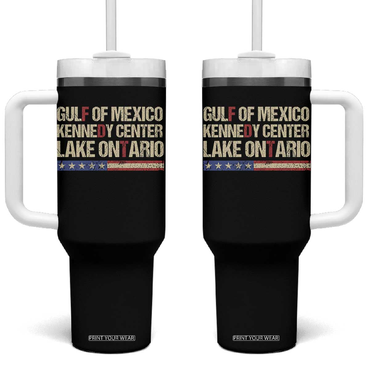 Gulf Of Mexico Kennedy Center Lake Ontario Satire Tumbler With Handle Subtle FDT Vintage US Flag
