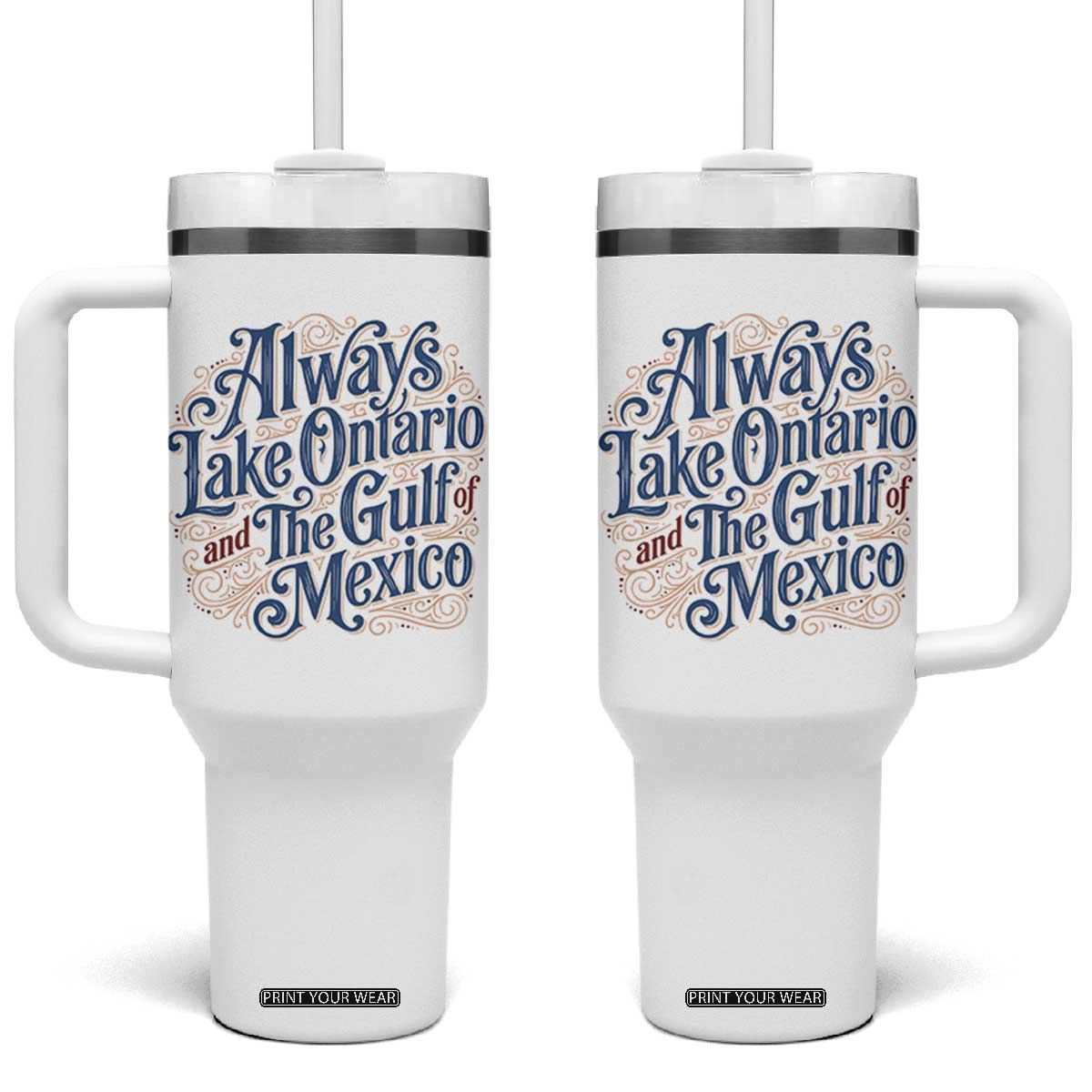 Always Lake Ontario And The Gulf Of Mexico Tumbler With Handle Vintage Typography Swirls Satire