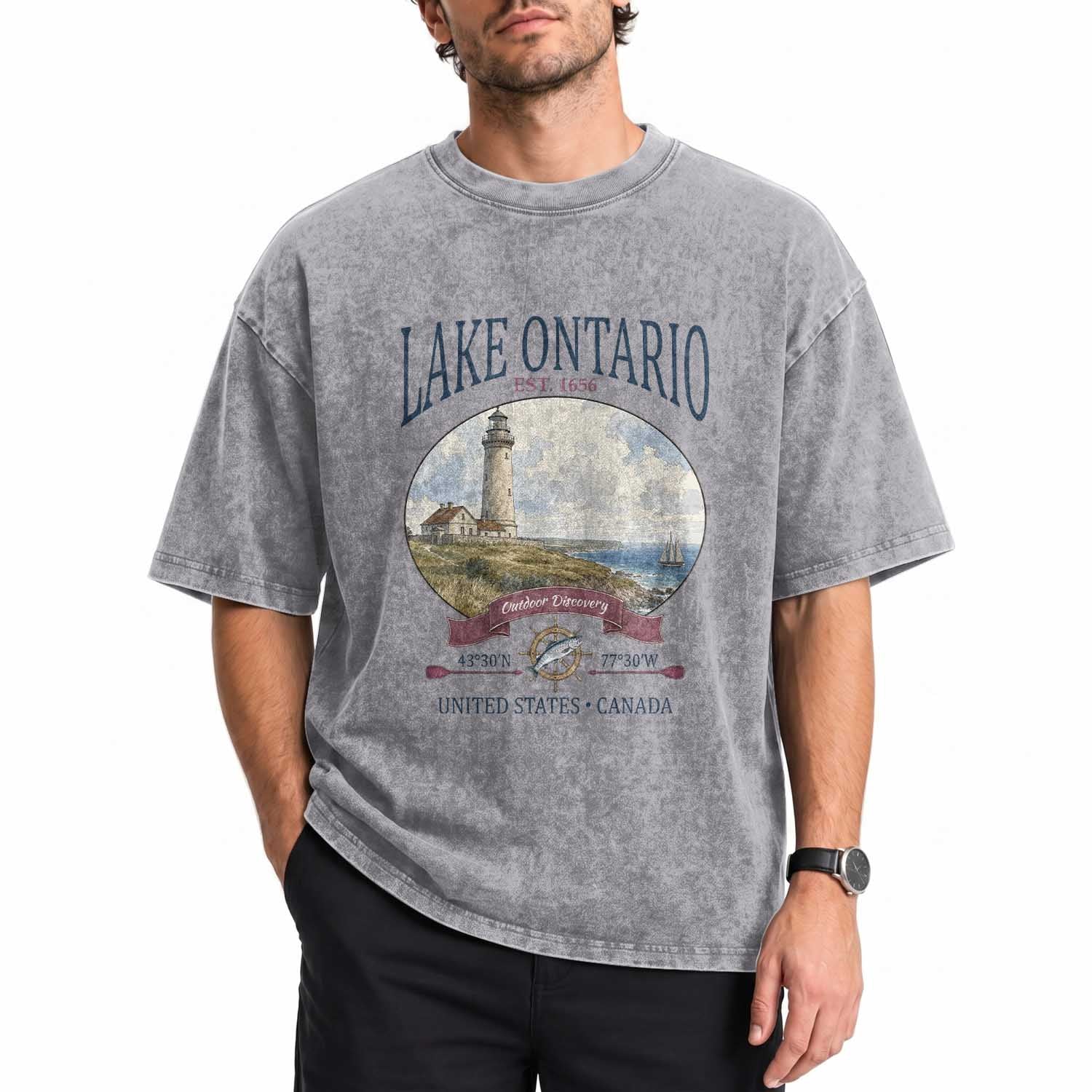 Lake Ontario Est 1656 Vintage Lighthouse Graphic Washed Cotton T-Shirt Outdoor Discovery Nautical Great Lakes Boat Gift