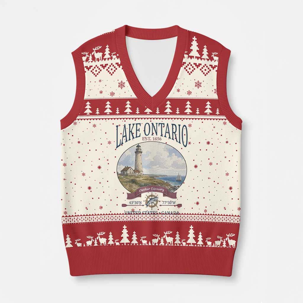 Lake Ontario Est 1656 Vintage Lighthouse Graphic V-Neck Knit Sweater Vest Outdoor Discovery Nautical Great Lakes Boat Gift