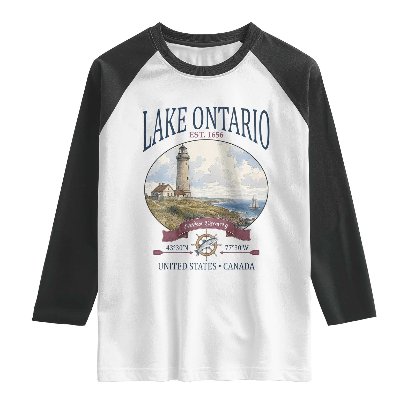 Lake Ontario Est 1656 Vintage Lighthouse Graphic Raglan Shirt Outdoor Discovery Nautical Great Lakes Boat Gift