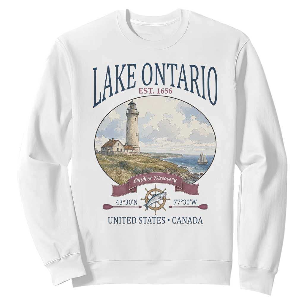 Lake Ontario Est 1656 Vintage Lighthouse Graphic Sweatshirt Outdoor Discovery Nautical Great Lakes Boat Gift