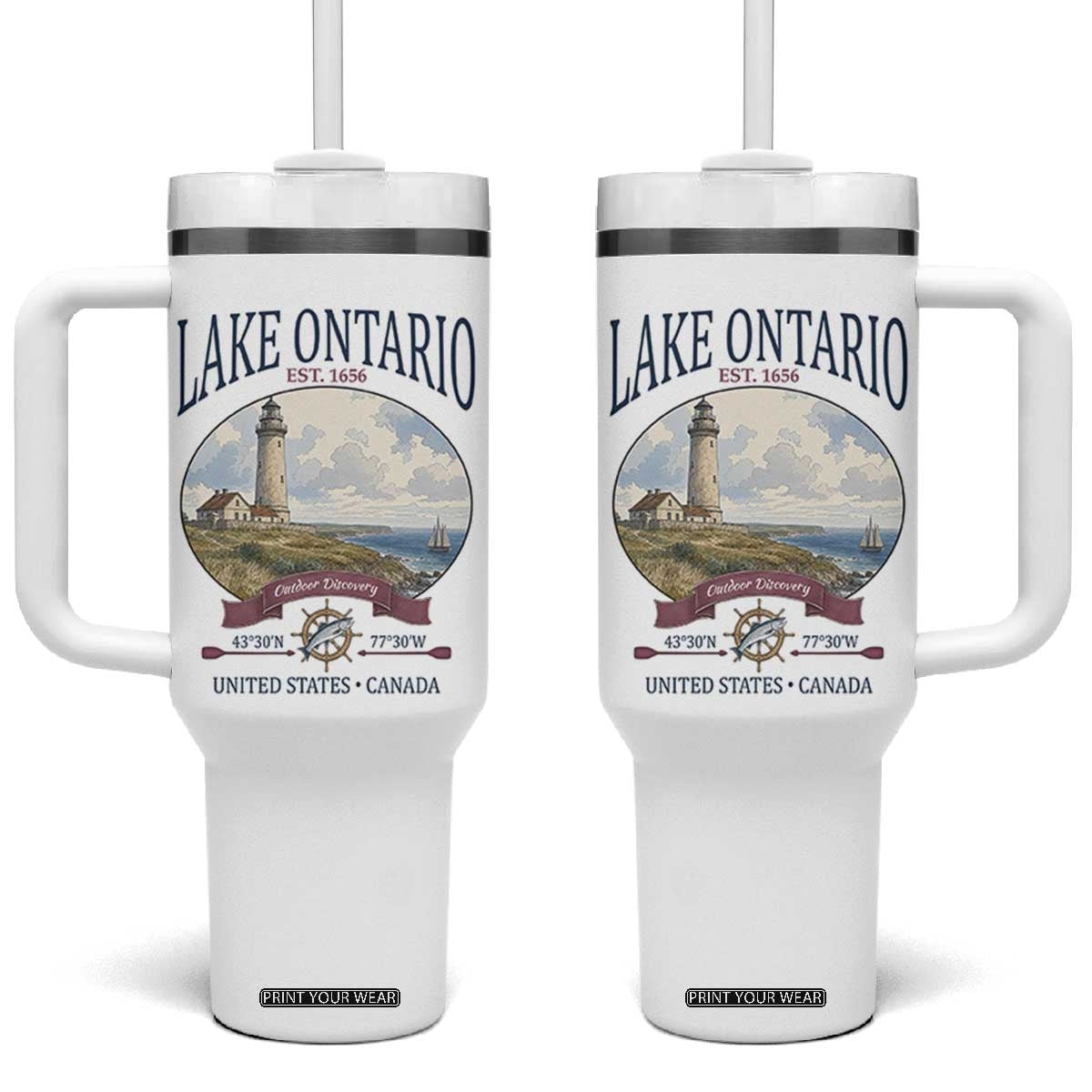 Lake Ontario Est 1656 Vintage Lighthouse Graphic Tumbler With Handle Outdoor Discovery Nautical Great Lakes Boat Gift