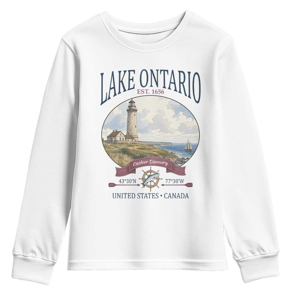 Lake Ontario Est 1656 Vintage Lighthouse Graphic Youth Sweatshirt Outdoor Discovery Nautical Great Lakes Boat Gift