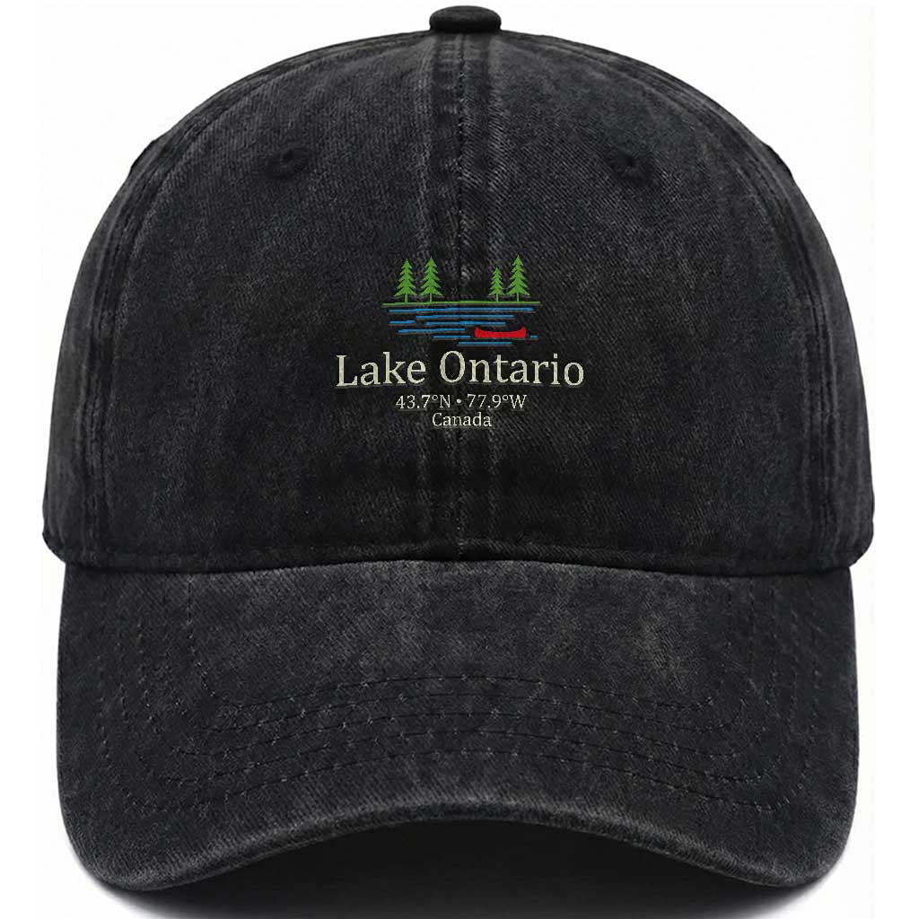 Lake Ontario Canada Canoe Map Coordinates Washed Cotton Baseball Cap Outdoor Camping Nature Lover Gift