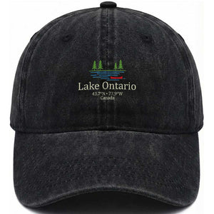 Lake Ontario Canada Canoe Map Coordinates Washed Cotton Baseball Cap Outdoor Camping Nature Lover Gift