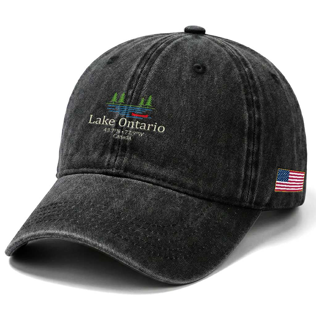 Lake Ontario Canada Canoe Map Coordinates Washed Cotton Baseball Cap Outdoor Camping Nature Lover Gift