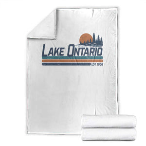 Retro Lake Ontario Est 1656 Throw Blanket Vintage Distressed Sunset Stripe Lighthouse Gift