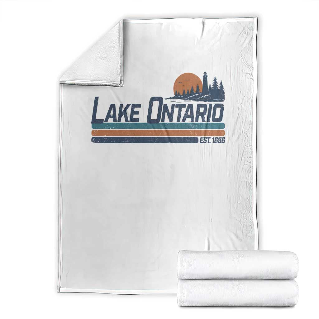 Retro Lake Ontario Est 1656 Throw Blanket Vintage Distressed Sunset Stripe Lighthouse Gift