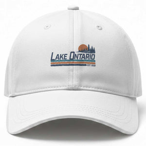 Retro Lake Ontario Est 1656 Baseball Cap Vintage Distressed Sunset Stripe Lighthouse Gift