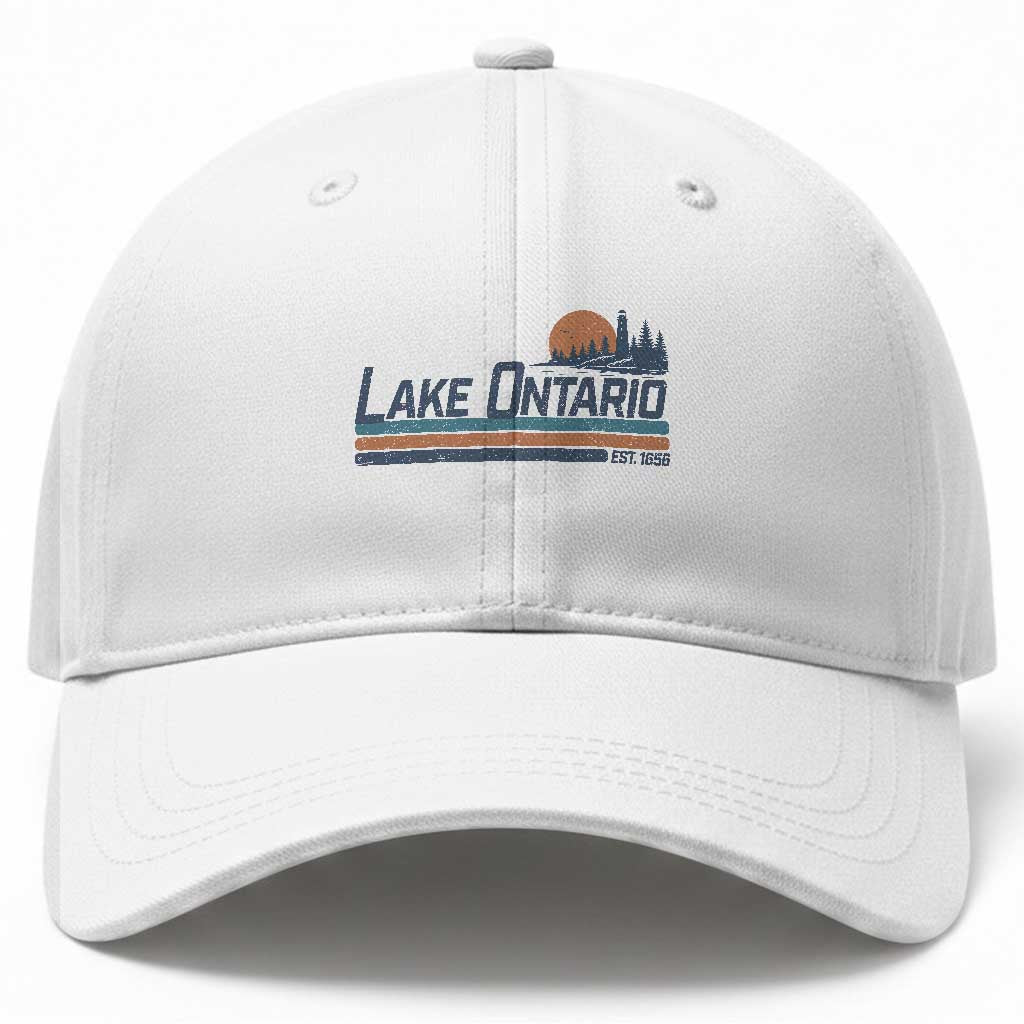 Retro Lake Ontario Est 1656 Baseball Cap Vintage Distressed Sunset Stripe Lighthouse Gift