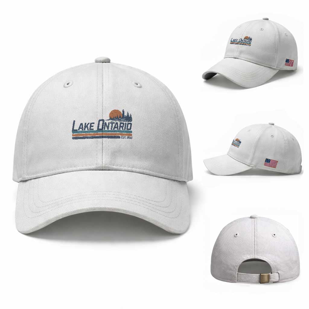 Retro Lake Ontario Est 1656 Baseball Cap Vintage Distressed Sunset Stripe Lighthouse Gift