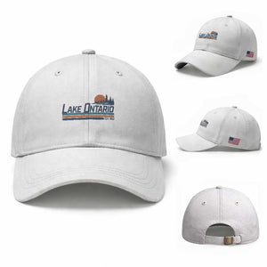 Retro Lake Ontario Est 1656 Baseball Cap Vintage Distressed Sunset Stripe Lighthouse Gift
