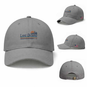 Retro Lake Ontario Est 1656 Baseball Cap Vintage Distressed Sunset Stripe Lighthouse Gift