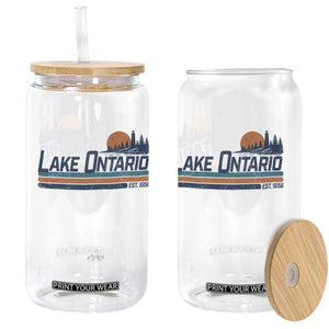 Retro Lake Ontario Est 1656 Glass Can Vintage Distressed Sunset Stripe Lighthouse Gift