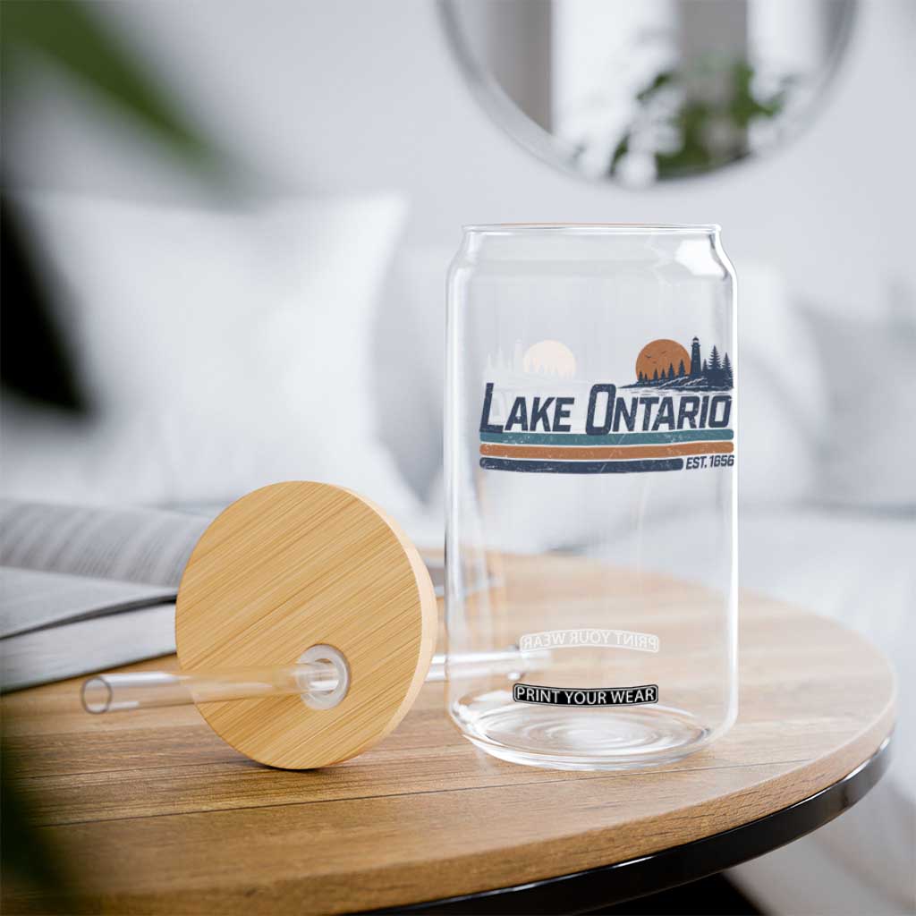 Retro Lake Ontario Est 1656 Glass Can Vintage Distressed Sunset Stripe Lighthouse Gift