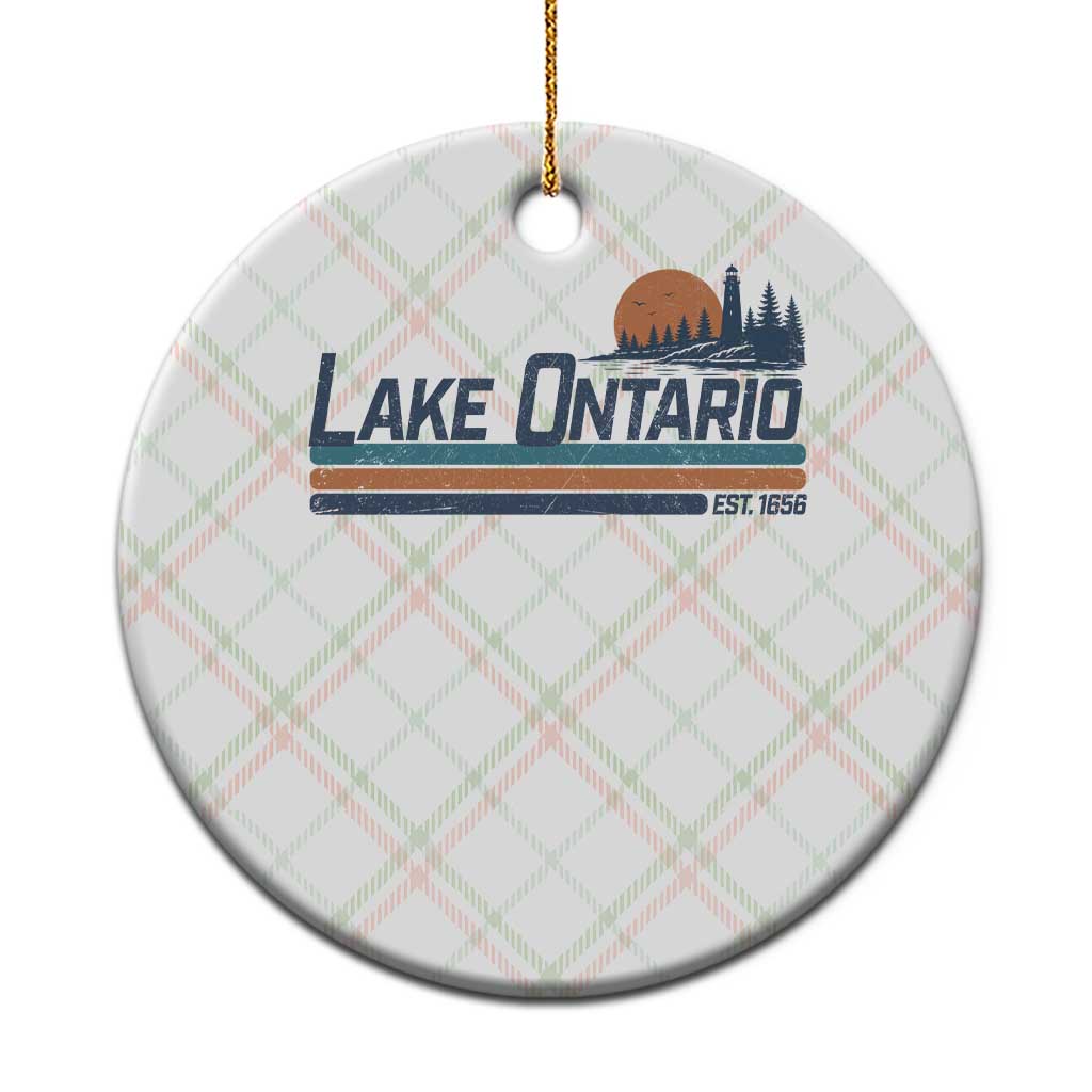 Retro Lake Ontario Est 1656 Ceramic Ornament Vintage Distressed Sunset Stripe Lighthouse Gift