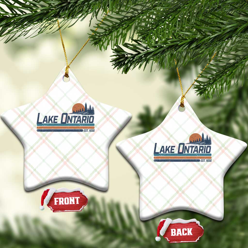 Retro Lake Ontario Est 1656 Ceramic Ornament Vintage Distressed Sunset Stripe Lighthouse Gift