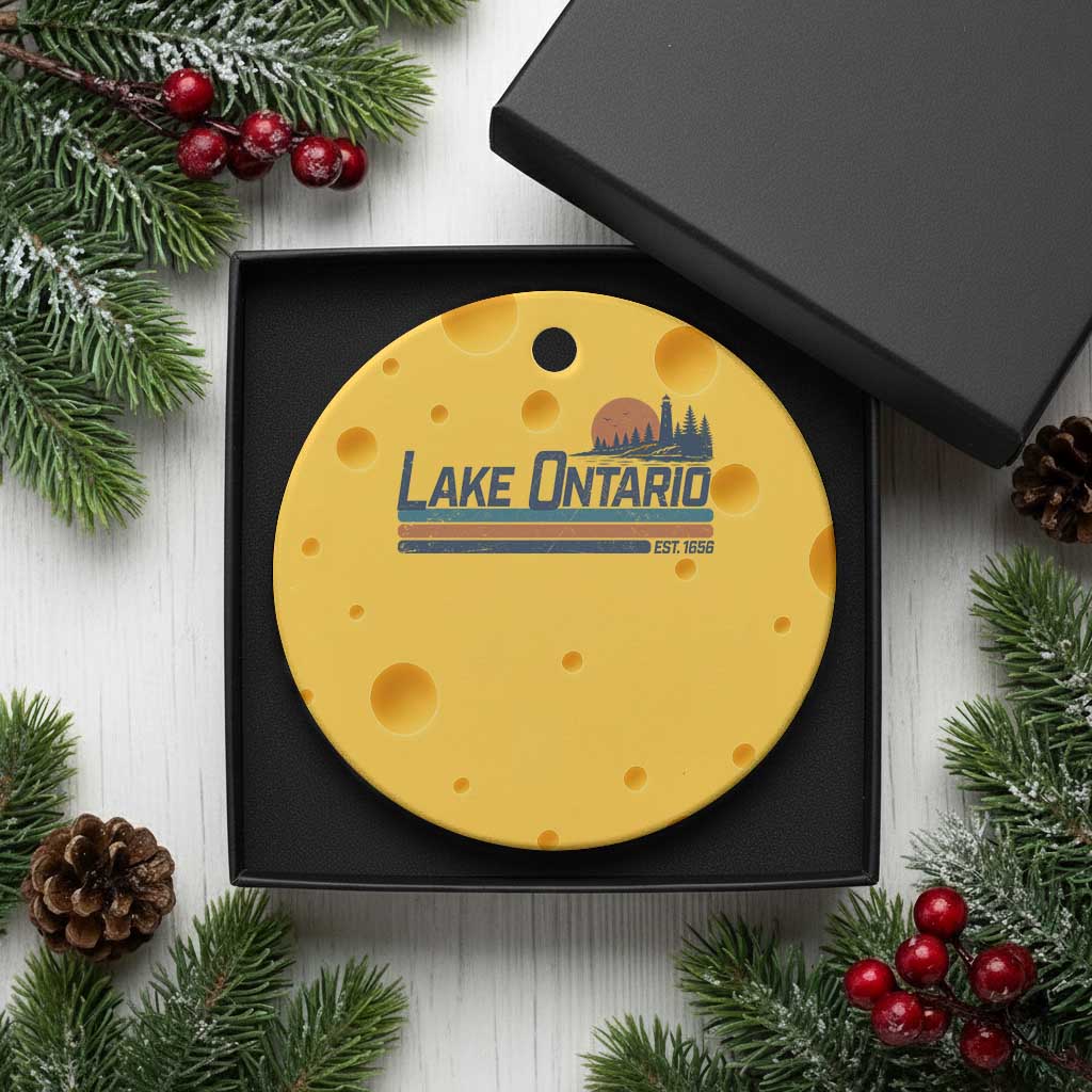 Retro Lake Ontario Est 1656 Ceramic Ornament Vintage Distressed Sunset Stripe Lighthouse Gift