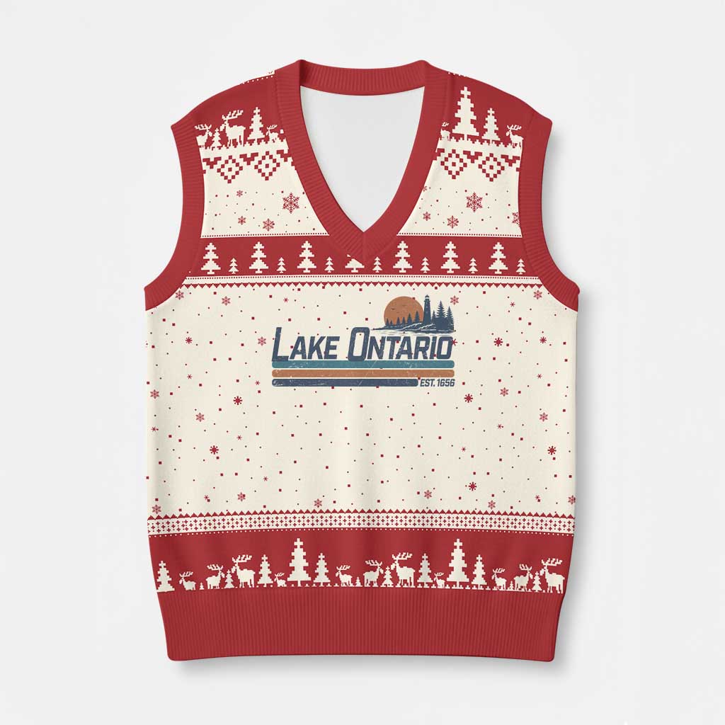 Retro Lake Ontario Est 1656 V-Neck Knit Sweater Vest Vintage Distressed Sunset Stripe Lighthouse Gift