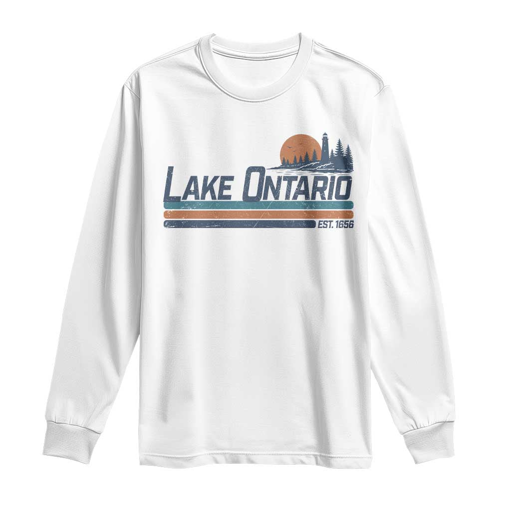 Retro Lake Ontario Est 1656 Long Sleeve Shirt Vintage Distressed Sunset Stripe Lighthouse Gift