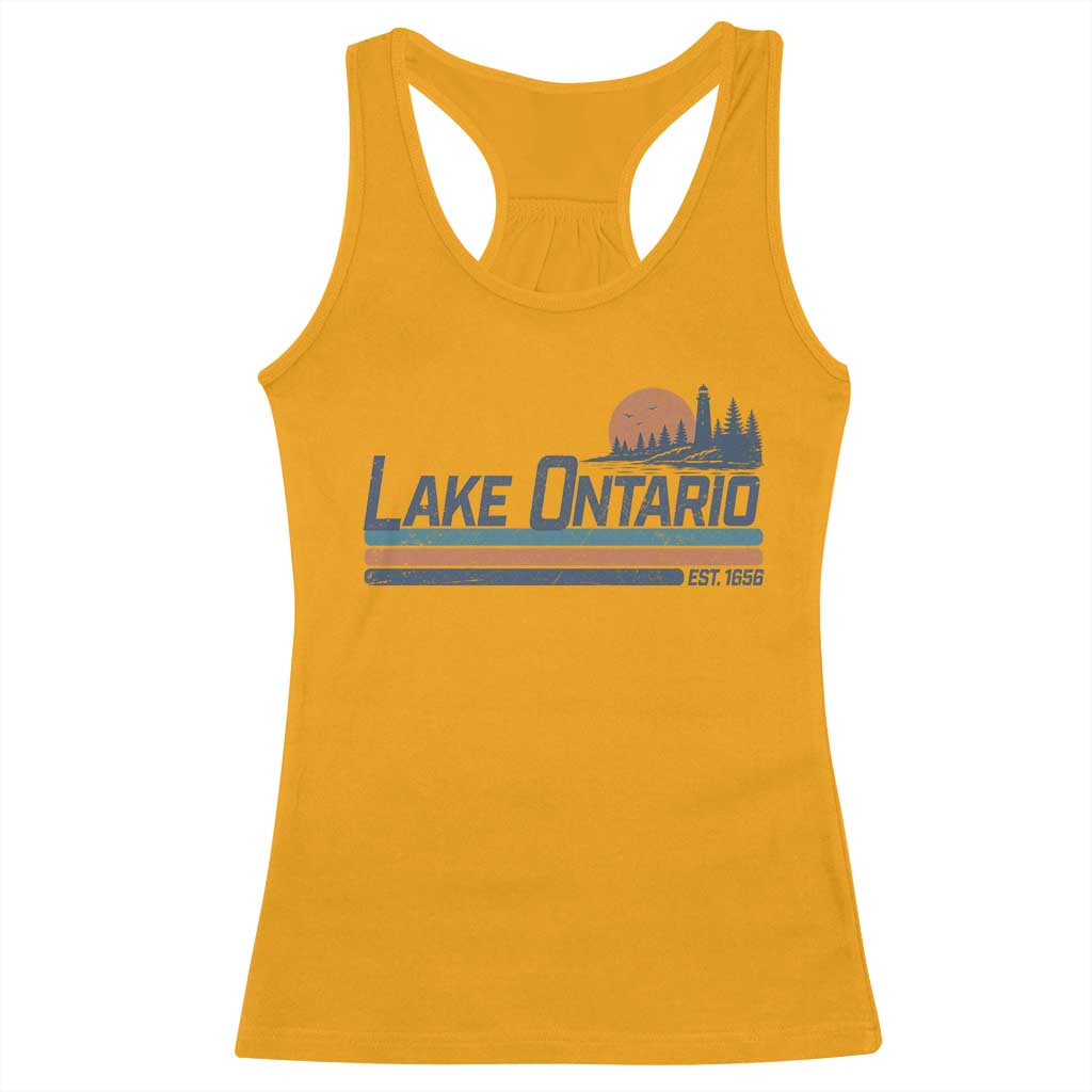 Retro Lake Ontario Est 1656 Racerback Tank Top Vintage Distressed Sunset Stripe Lighthouse Gift