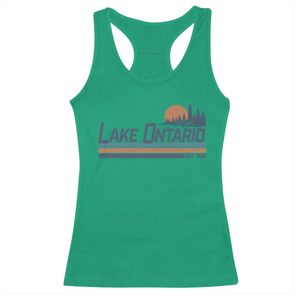 Retro Lake Ontario Est 1656 Racerback Tank Top Vintage Distressed Sunset Stripe Lighthouse Gift