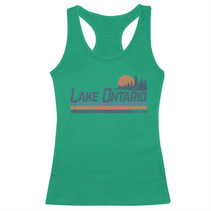Retro Lake Ontario Est 1656 Racerback Tank Top Vintage Distressed Sunset Stripe Lighthouse Gift