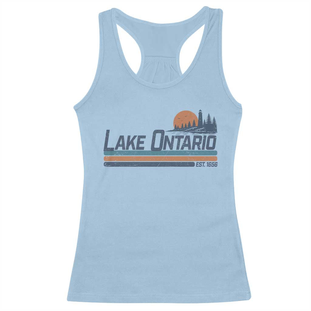 Retro Lake Ontario Est 1656 Racerback Tank Top Vintage Distressed Sunset Stripe Lighthouse Gift