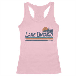 Retro Lake Ontario Est 1656 Racerback Tank Top Vintage Distressed Sunset Stripe Lighthouse Gift