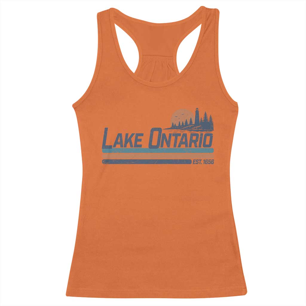 Retro Lake Ontario Est 1656 Racerback Tank Top Vintage Distressed Sunset Stripe Lighthouse Gift