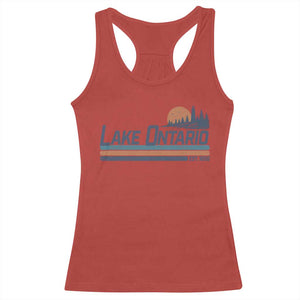 Retro Lake Ontario Est 1656 Racerback Tank Top Vintage Distressed Sunset Stripe Lighthouse Gift